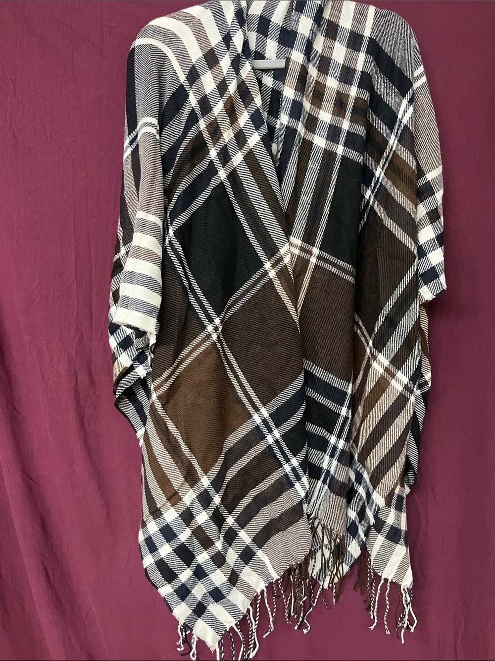 Plaid Fringe Poncho Sweater in Brown, Black & Cream